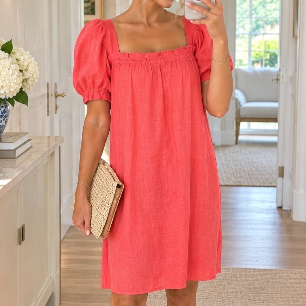 Pomander Place Coral Pink Linen Blend Puff Sleeve Ruffle Square Neck Dress XL D3